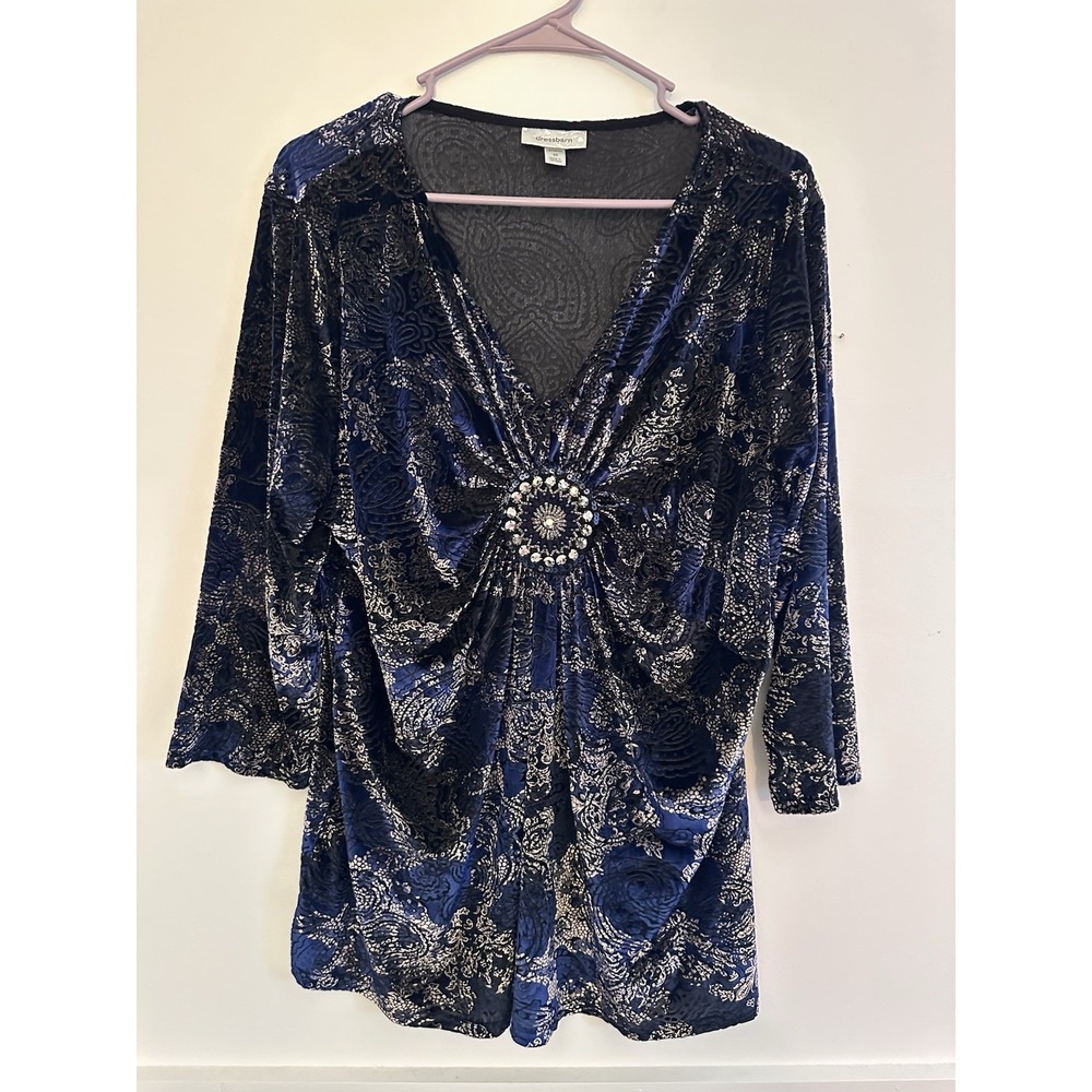 Dressbarn Top 2X Blue Whimsigoth Velvet Burnout Paisley Rhinestone Brooch Tunic
